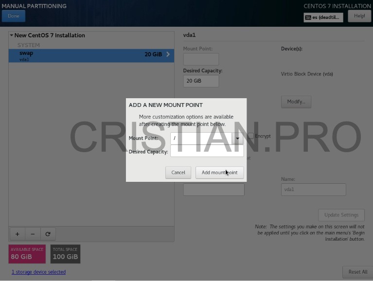Creación partición instalación de sistema CentOS 7