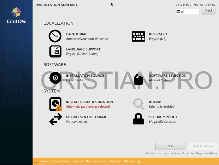 Pantalla principal instalación CentOS 7