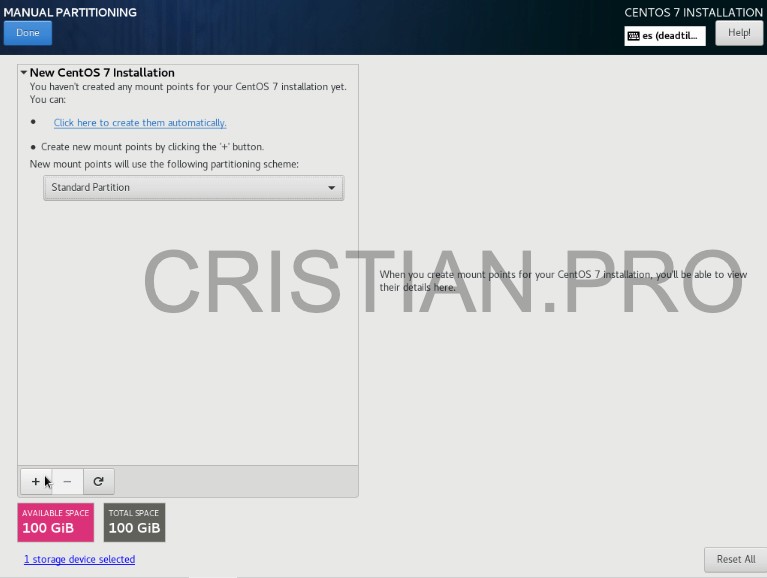 Pantalla principal de gestión de particiones de CentOS 7