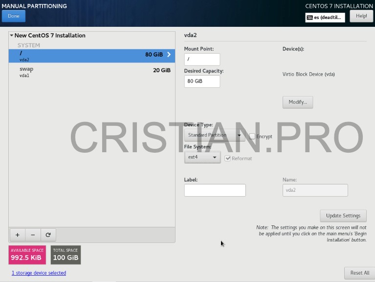 Propiedades partición sistema CentOS 7