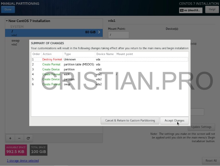 Acciones a realizar particiones instalación CentOS 7