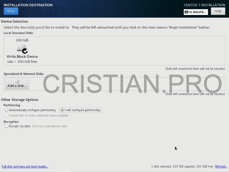 Selección disco duro instalación CentOS 7